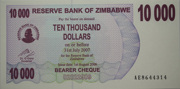 2006 Zimbabwe $10,000 Dollar Cheque UNC