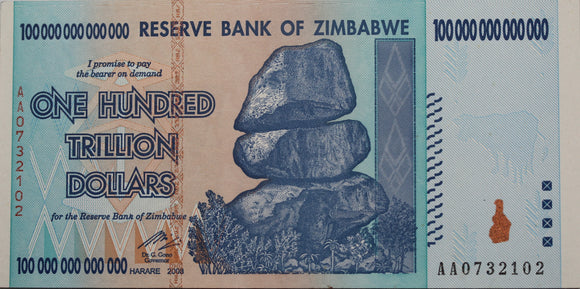 2008 Zimbabwe 100 Trillion Dollar Note UNC