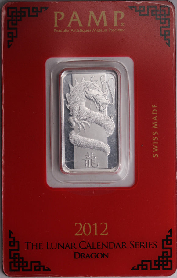 2012 PAMP 10 gram Silver Dragon Minted Bar