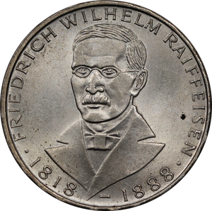 Germany 1968J (Hamburg Mint) 5 Mark 150th Ann. Fredrich Wilhelm Raiffeisen UNC