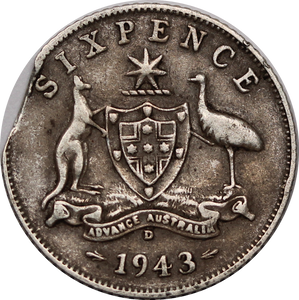 1943D Sixpence Clipped Planchet Fine