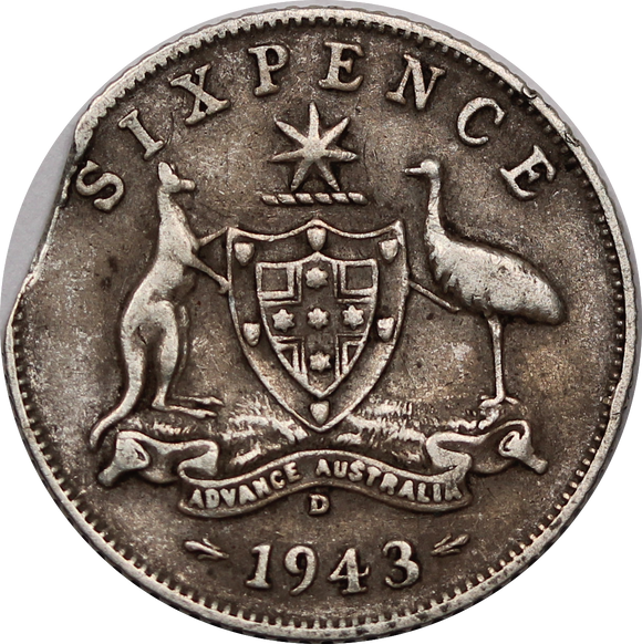 1943D Sixpence Clipped Planchet Fine