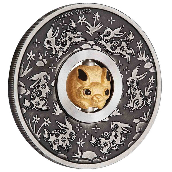 2023 Year of the Rabbit Rotating Charm 1oz Silver Antiqued Coin